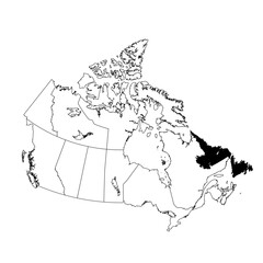 Vector map of the province of Newfoundland and Labrador highlighted highlighted in black on the map of Canada.