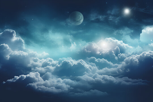 Flying over deep night clouds with moonlight
