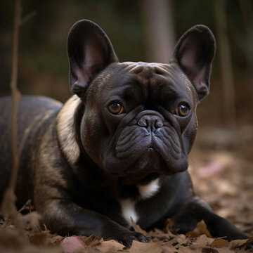 French Bulldog dog sitting, front view, looking serious into the camera, pet portrait, outdoor image, Portrait image, matte photo, hight quality, sharp focus, blurred background