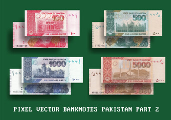 Vector set of pixelated mosaic banknotes of Pakistan. Notes in denominations of 100, 500, 1000 and 5000 Pakistani rupees. Part two. - obrazy, fototapety, plakaty