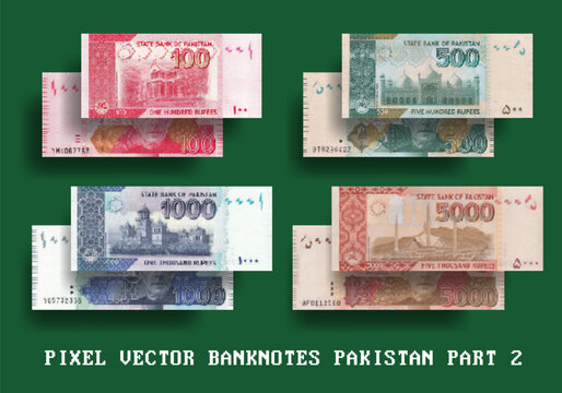 Vector set of pixelated mosaic banknotes of Pakistan. Notes in denominations of 100, 500, 1000 and 5000 Pakistani rupees. Part two.