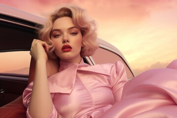 Fototapeta premium Titled passion in pink - in the moment photo shoot of a beautiful woman with long hair and a car capturing elegant beauty, fun fashion, and continuing life; person, human face, clothing, car