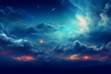 Obraz premium Flying over deep night clouds with moonlight