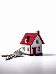 Miniature house model and keys on white background. Rent or buy a house. Ai generated
