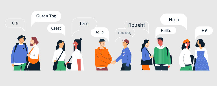 People multilingual greeting. Man woman characters speak different languages, multicultural diverse persons of various race and ethnicity. Vector cartoon set