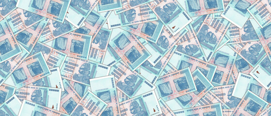 Hyperinflation illustration. Seamless pattern. Randomly scattered banknotes of 100 trillion Zimbabwean dollars. Wallpaper or background.