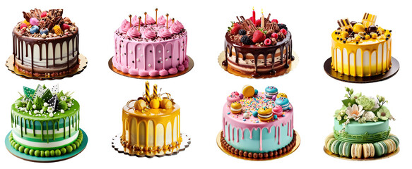Set of cake decorated with blueberries, cookies and chocolates on a transparent background. Flat lay of  colorful birthday cakes