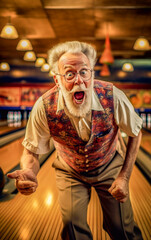 Funny old man playing bowling, he is joyful and exultant