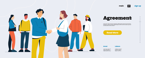 Character agreement landing page. Professional handshaking male and female workers. Cartoon hand shake for employee partnership concept. Vector illustration