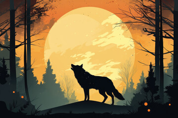 wolf silhouette in forest full moon at night illustration Generative AI