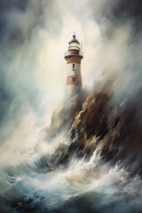 Fototapeta na wymiar Illustrated view of a light house on a rocky outcrop. Storm at sea, with dark sky and crashing waves. Digital watercolour illustration