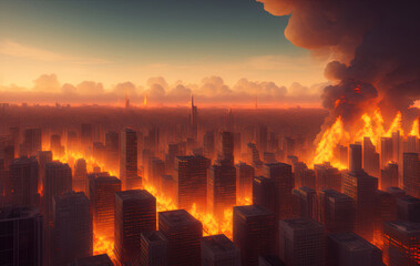 Fototapeta na wymiar А modern city devastated by fire, explosions and chaos. Ai generated technology