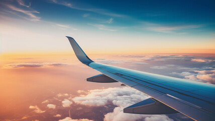 Side wings view of a plane flying in the sky at sunset. Travel and tourism concept