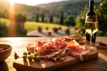 Elegant prosciutto display, with a Tuscan vineyard softly blurred in the background.