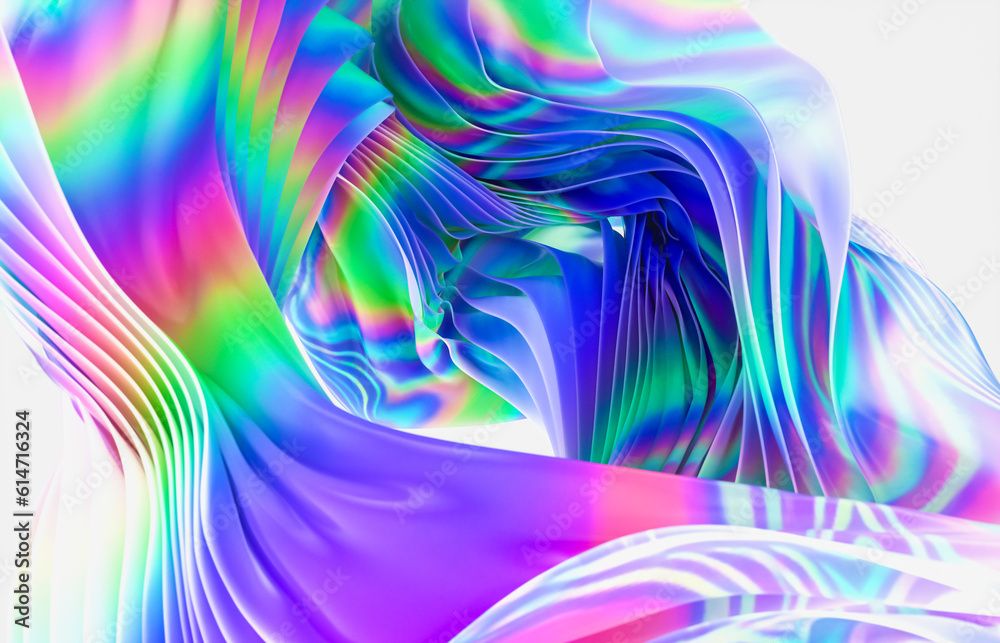 Aufkleber Abstract geometric crystal background with iridescent holographic texture. curve. cloth. 3d rendering.