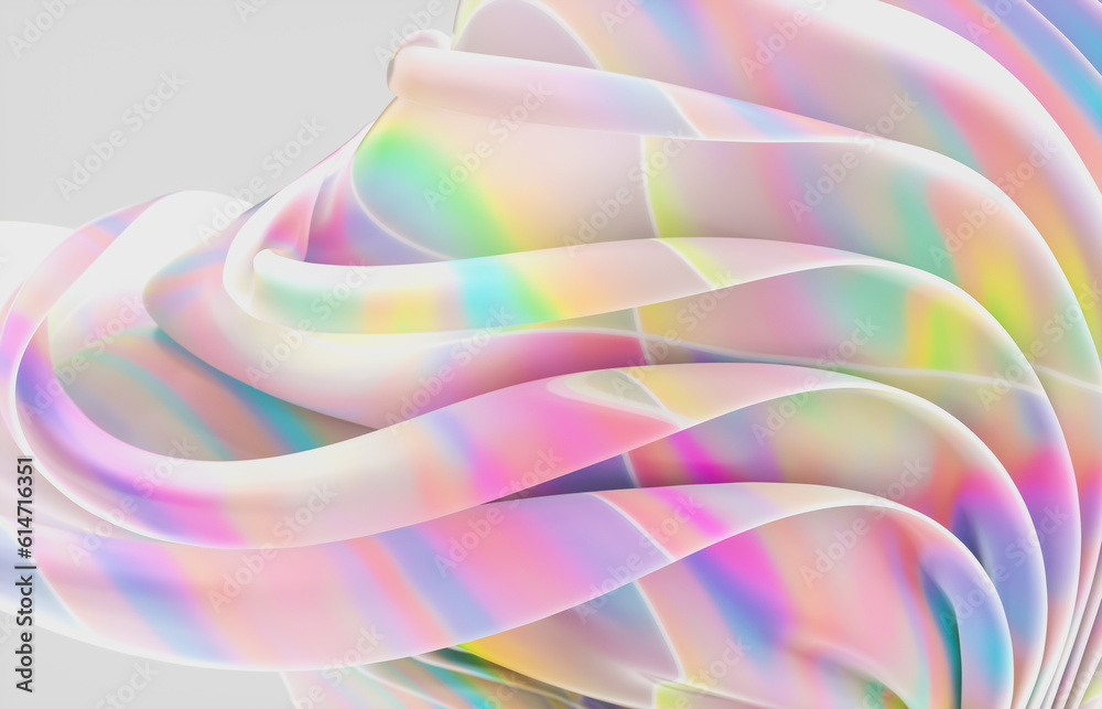 Poster Abstract geometric crystal background with iridescent holographic texture. curve. cloth. 3d rendering.