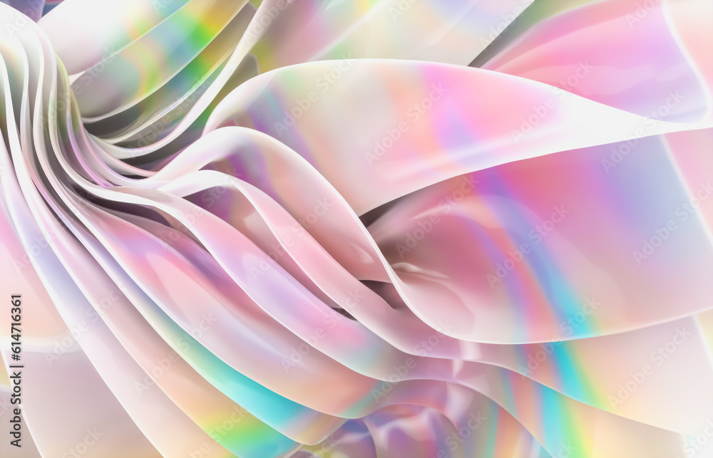 Poster Abstract geometric crystal background with iridescent holographic texture. curve. cloth. 3d rendering.