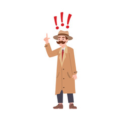 Vector isolated illustration of man with mustache in coat and hat stands, raised his pointer finger up, Detective understood everything