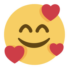 Smiling Face with Hearts vector emoji icon. A yellow face with smiling eyes, a closed smile, rosy cheeks, and several hearts floating around its head.