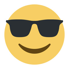 Top quality emoticon. Cool emoticon. Smiling face with sunglasses emoji. Happy smile person wearing dark glasses. Yellow face emoji. Popular element.