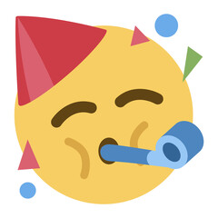 Top quality emoticon. Partying emoji. Emoticon with party horn and hat, celebrating. Yellow face emoji. Popular element.