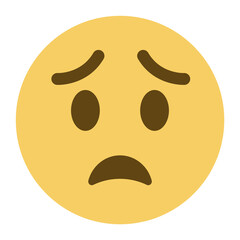 Worried Face emoji vector icon. A yellow face with open eyes, raised or furrowed eyebrows, and a broad frown.