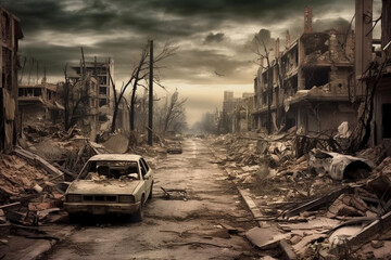 An Abandoned City Block, Destroyed Representing War and Disaster, Generative AI