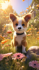 illustration of cute cartoon puppy in the flowers
