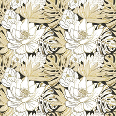Exotic seamless pattern of tropical lotus flowers and plants. Gold outlines of flowers on a dark background. Seamless plant pattern for fabric, paper and backgrounds.