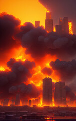 Fototapeta na wymiar А modern city devastated by fire, explosions and chaos. Ai generated technology