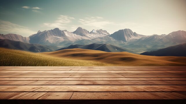 Wooden table background with landscape of mountains,