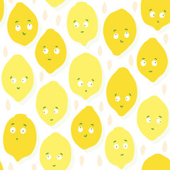 colorful vector hand drawn messy lemon fruits and seeds summer seasonal seamless repeat pattern on white background - 614718103