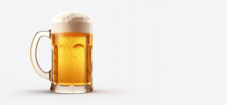 Photo of happy beer day  with beer of mug with copy space text and white background. Ai generatd