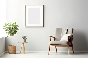 Blank picture frame mockup on gray wall. White living room design. generative AI