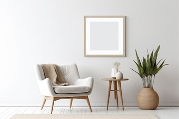 Blank picture frame mockup on gray wall. White living room design. generative AI