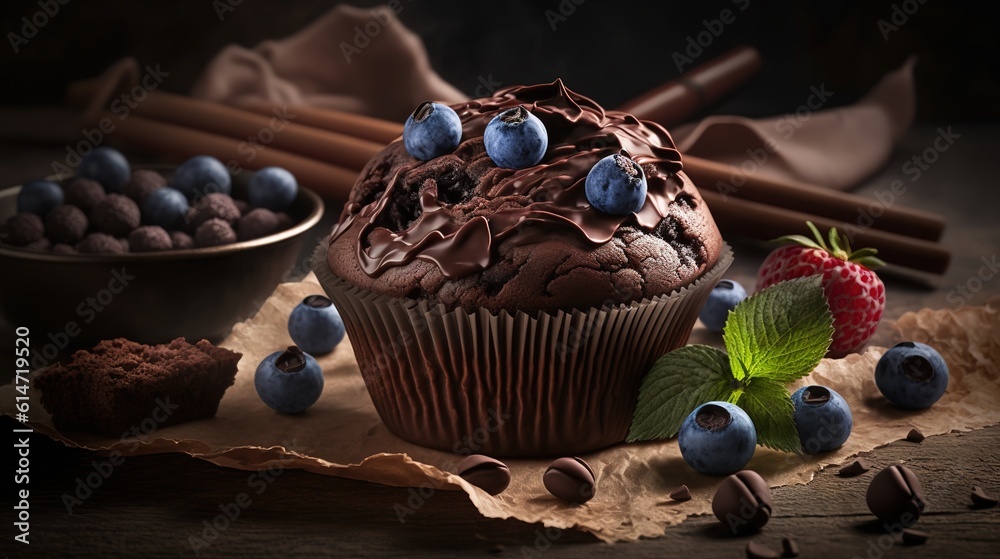 Canvas Prints newly cooked chocolate-blueberry muffins, bursting with fruit and chocolate.