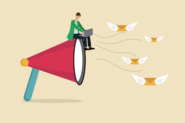 Email marketing campaign, subscription newsletter or online announcement to customer, Businessman sitting on loudspeaker ready to send digital letters and newsletters in the form of flying letters