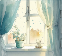 A potted flower and a small cat in front of a window, painted by watercolor