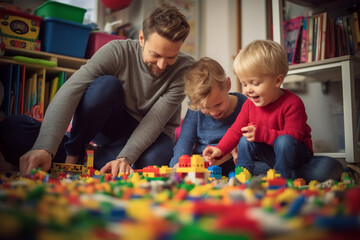 Fototapeta premium young asian couple with their little boy playing in their room with blocks pieces