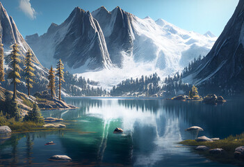  Majestic snow-capped mountains towering over a pristine alpine lake.