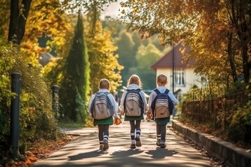 Obraz premium Children in school uniform walk to school. Back to school, education, schoolkids. Back view. Generative AI.