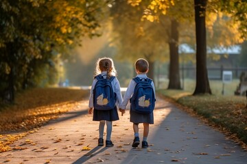 Children in school uniform walk to school holding hands. Back to school, education, schoolkids. Back view. Generative AI.