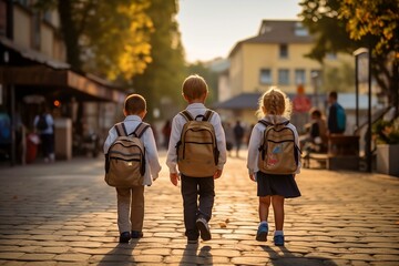 Children in school uniform walk to school. Back to school, education, schoolkids. Back view. Generative AI.