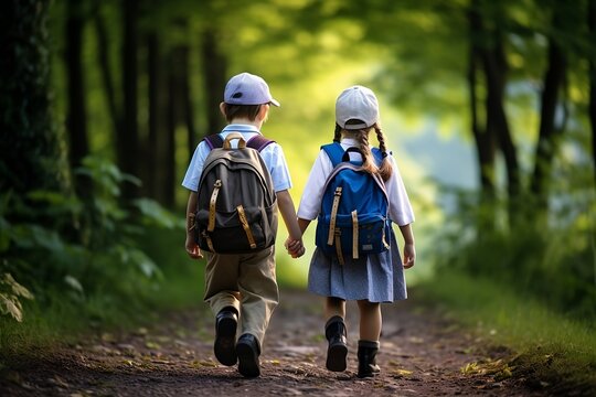 Children in school uniform walk to school holding hands through a picturesque park. Back view. Generative AI.