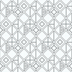 Seamless Geometric Pattern, Drawn on Checkered Notebook. Endless Modern Mosaic Texture.  Fabric Textile, Wrapping Paper, Wallpaper. Vector Contour Illustration. Coloring Book Page
