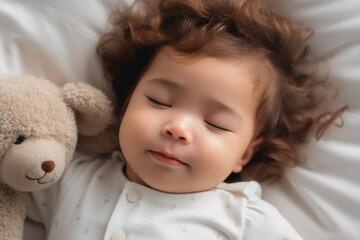 adorable baby is soundly asleep, lying on their side on a comfortable white bed