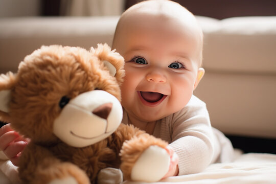 Naklejka Close - up of fascinated baby touching stuffed animal in living room, giggling wide eyes full of wonder