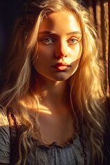 Portrait of a beautiful blonde woman with long blond hair against the background of a window and a brick wall with side illumination by sunbeams. AI generated