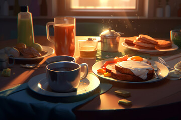Healthy breakfast with a bun, toast with egg, juice, berries and coffee. Pastries, desserts, food concept. Generative AI