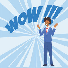 Vector Illustration of a dark-skinned man in a blue business suit with a red tie raised his hands up, he is very surprised and says WOW on abstract pop art style background